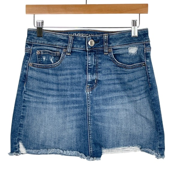 American Eagle Outfitters Dresses & Skirts - American Eagle Super Stretch X Denim Micro Mini Skirt Size 4 Blue Raw Hem Frayed